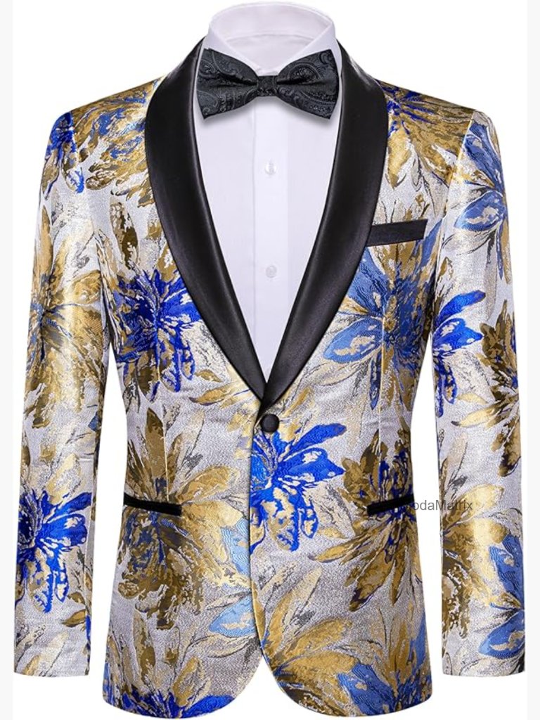 Men's Lightweight Floral Blazer Sport Coat One Button Shawl Collar Tuxedo